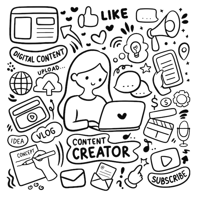 kawaii hand drawn content creator digital marketing vlog doodle vector illustration