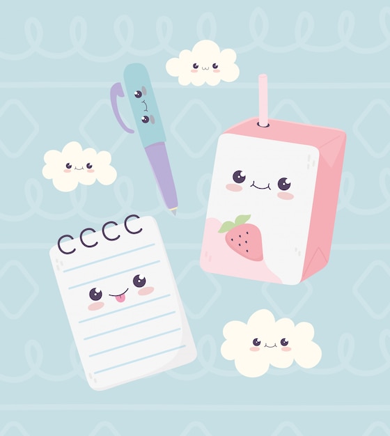 Vector kawaii school notepad pen and juice box clouds character cartoon 