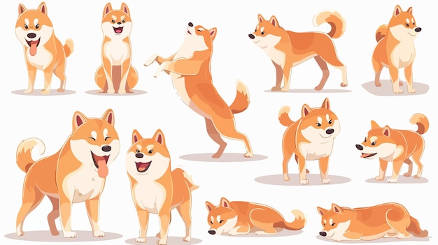 Vector kawaii shiba inu honden in verschillende poses met de hand getekende illustratie