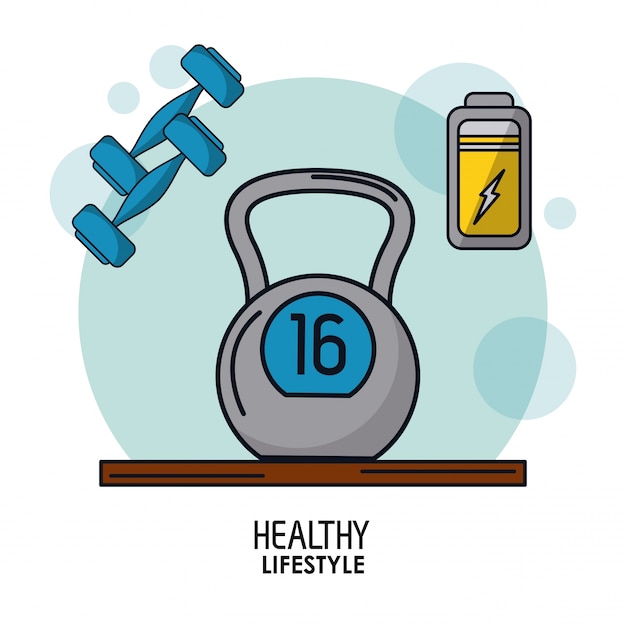 Vector kettlebell weight and dumbbells and battery icon on top