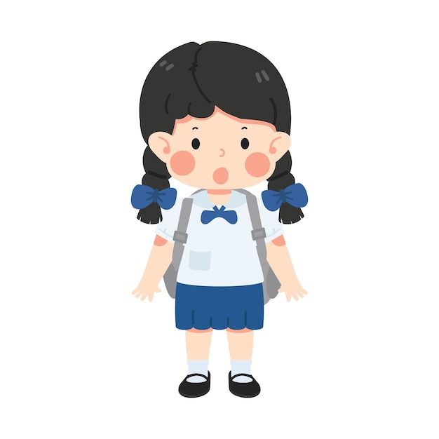 Vector kid girl student wearing uniform and bag