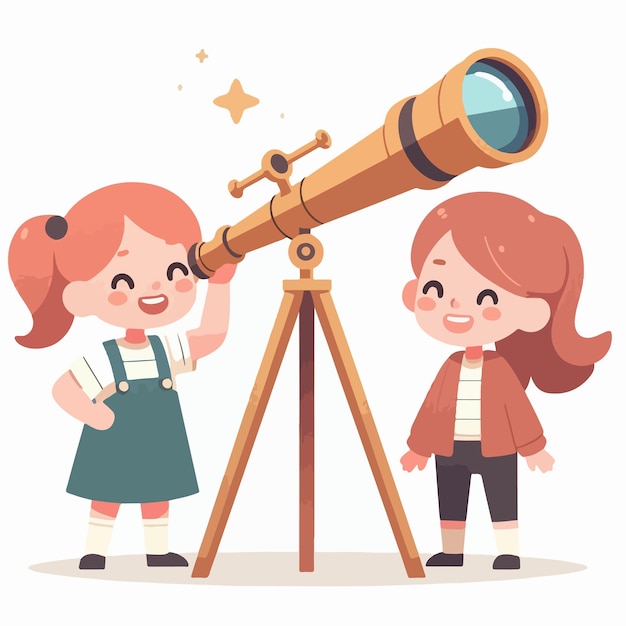 Vector kid standing and see using telescope