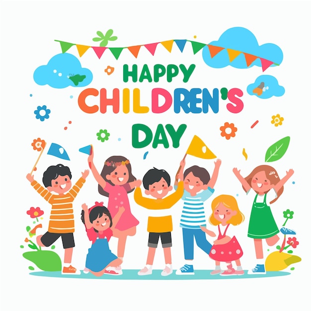 Vector kids are celebrating happy childrens day with family and friends