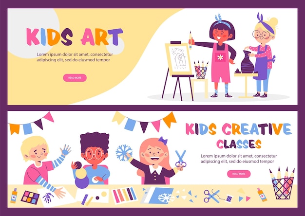 Vector kids art lessons and creative class banners set flat vector illustration