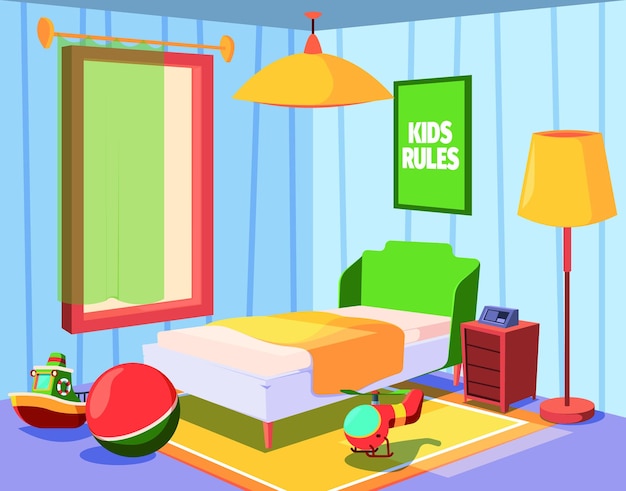 Kids bedroom Modern soft furniture bed in room corner indoor template suburban style garish vector cartoon interior