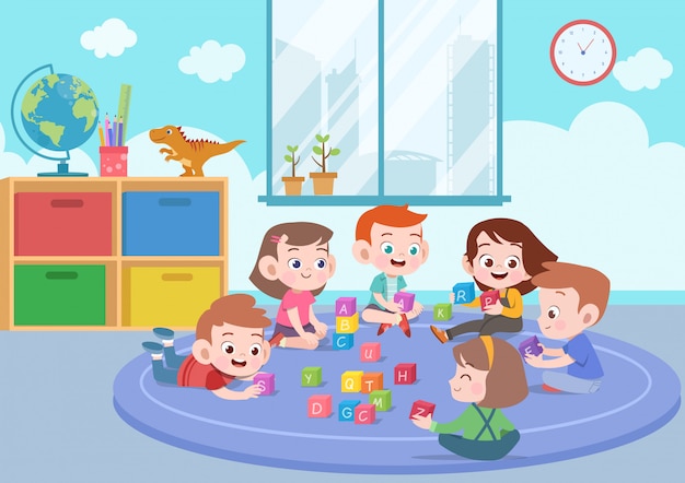 Kids children playing with blocks toys illustration