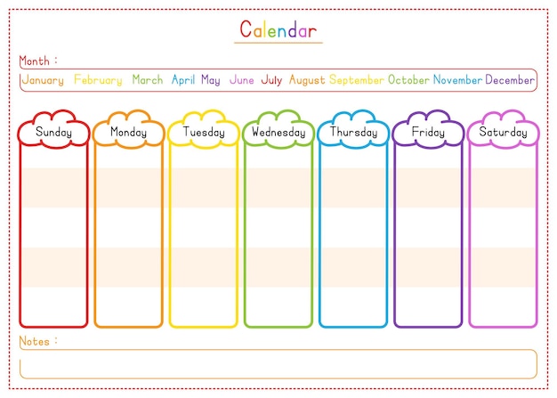 Kids Customized Blank Calendar with Colorful Rainbow Clouds