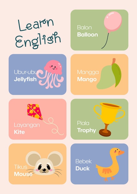 Vector kids cute english learning vocabulary flashcard printable for kids education fun learning