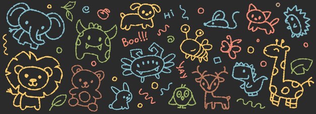 Vector kids doodle animal set vector color pencil dinosaur animal and monster illustration