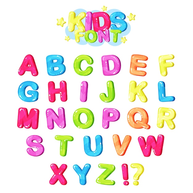 Kids font, multicolored bright letters of the English alphabet and punctuation symbols  Illustration