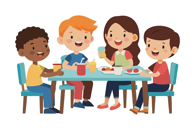 Kids having a meal together and talking at a table