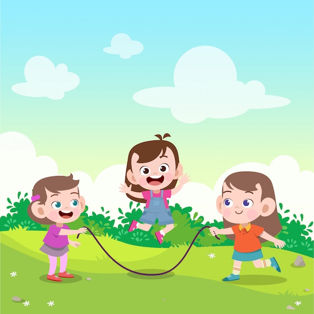 Vector kids play jump rope in the garden vector illustration