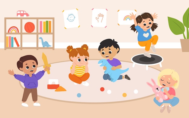 Vector kids play toys and games together in kindergarden cartoon playroom with children