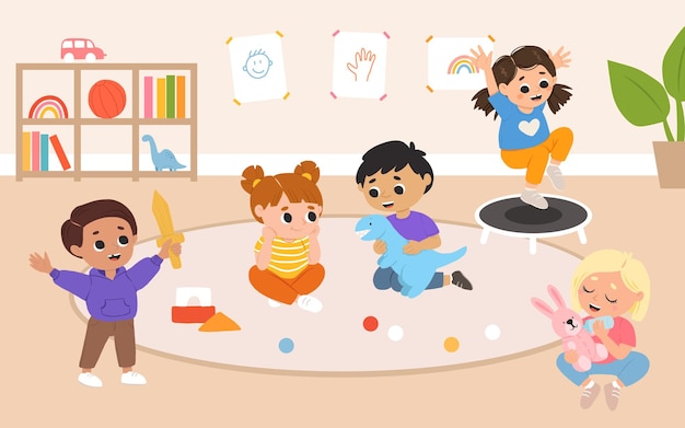 Kids play toys and games together in kindergarden Cartoon playroom with children