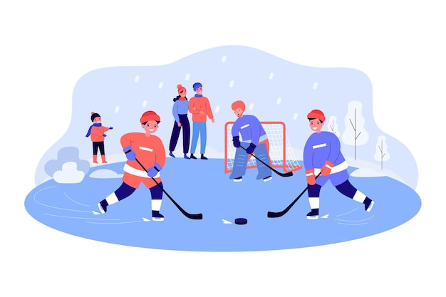 Kids playing hockey game on ice rink in city park. Boys in helmets skating, holding hockey sticks flat vector illustration. Winter sports concept for banner, website design or landing web page