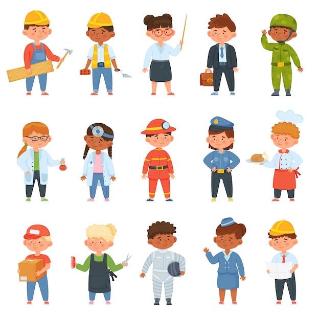 Vector kids in professional uniform children doing different job as builder teacher businessman doctor and firefighter boys and girls choosing career characters employees isolated vector set