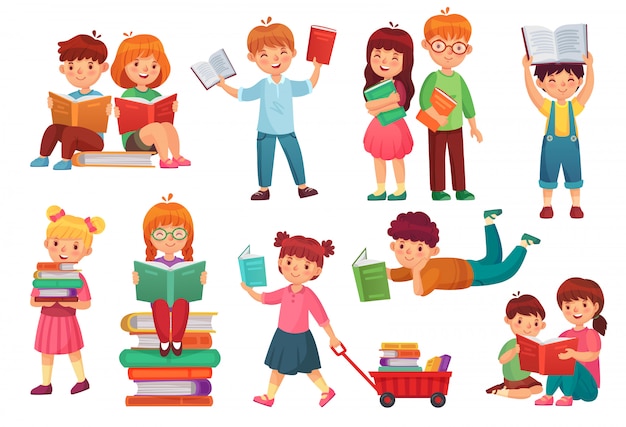 Kids read book. Happy kid reading books, girl and boy learning together and young students isolated cartoon  illustration