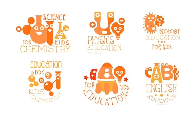 Vector kids science education logo templates set chemistry physics biology english labels vector