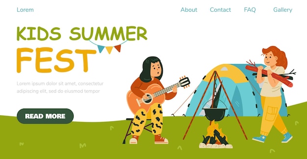 Kids summer festival banner with kids in camping flat vector illustration