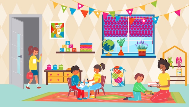 Vector kindergarten teacher with girl boy kid play in room