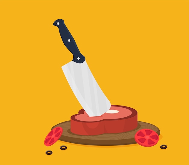 Kitchen knife with food flat vector illustration