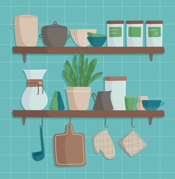 A kitchen shelves with kitchen utensils for cookingInterior of a kitchen Vector illustration