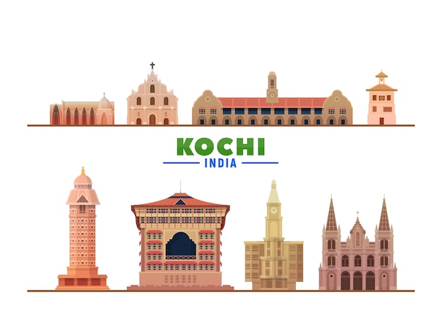 Kochi India city landmarks at white background Flat vector illustration Business travel and tourism concept with modern buildings Image for banner or web site