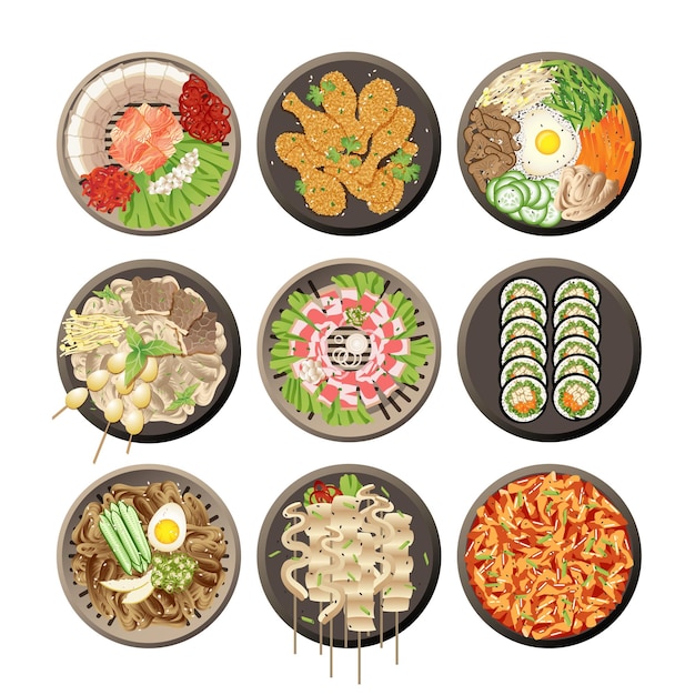 Korean dishes top view Seaweed dumpling food fish Breakfast lunch meals vegetarian asian soup and sauces Oriental traditional buffet swanky vector set