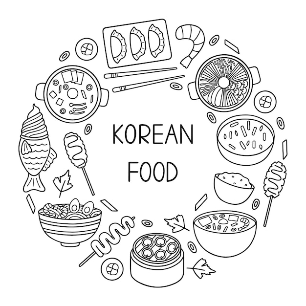 Vector korean food doodle set asian cuisine in sketch style