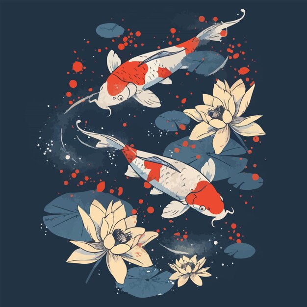 Vector kunstzinnige koi vis zwemmen in een vijver met lotus bloemen serene en sierlijke vector illustratie voor t-shirt platte stijl