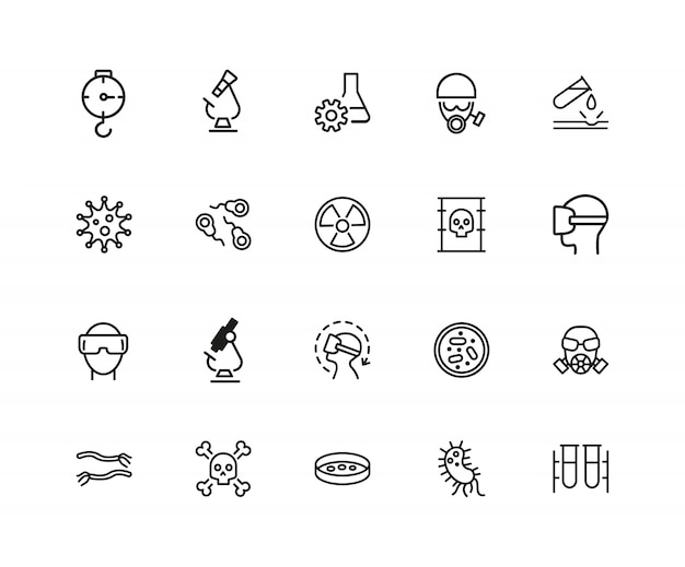 Vector lab icons. set of twenty line icons. radiation sign, poison, microscope.