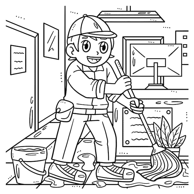 Labor Day Janitor Cleaning Coloring Page for Kids