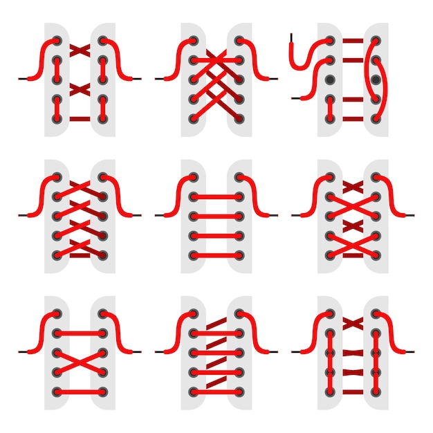 Вектор шнурует обувь иконки, изолированные на белом фоне. схемы завязывания шнурков.