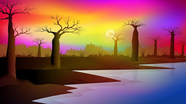 Lake in Africa savanna with Baobab trees landscape with colorful sky