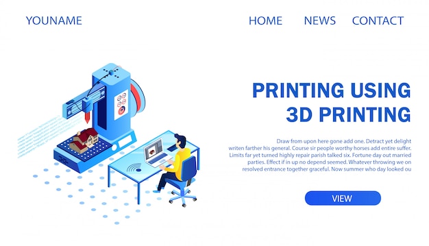 Vector landing page. architect printing building model using 3d printer