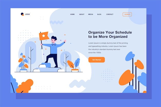 Landing Page Business Achievement Victory Peak winner best holding flag flat outline design style