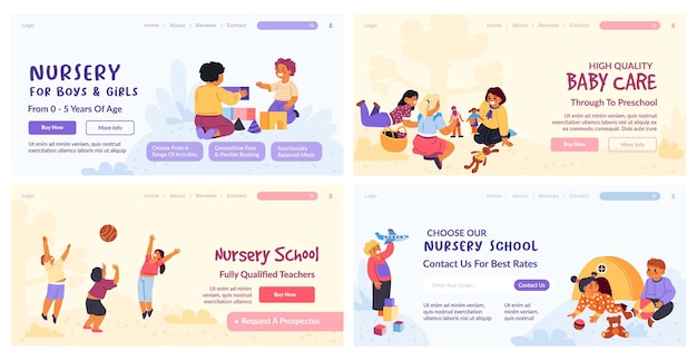 Vector landing page design set for nursery school offer