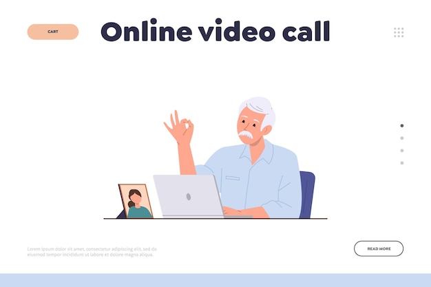 Vector landing page design template offering best laptop computer application for online video call and videoconferencing vector illustration of elderly senior man character talking to relatives on internet