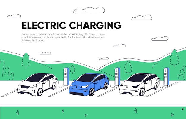 Vector landing page template for charging station electric cars at ev charger website background eco electro vehicles recharging at evse website layout colored flat graphic vector illustration