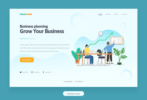 Vector landing page template with flat character, statistics illustration growing business