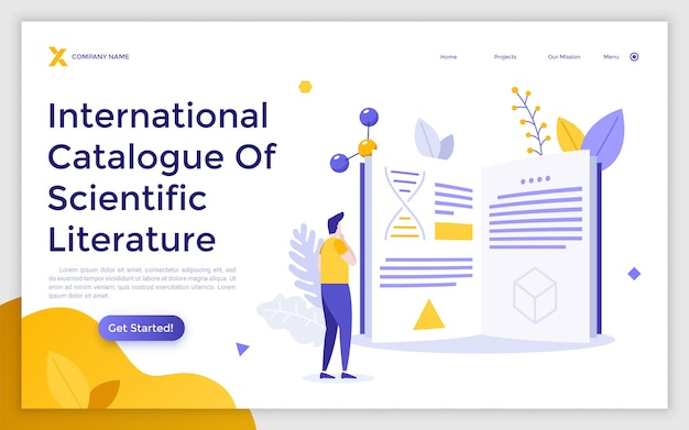 Vector landing page template with man reading book with molecular structures on pages concept of catalogue of scientific literature scholarly publication academic publishing flat vector illustration