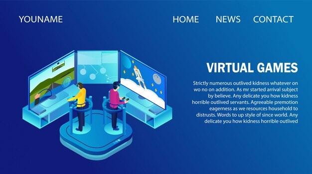 Vector landing page template with people wearing vr glasses playing virtual games.