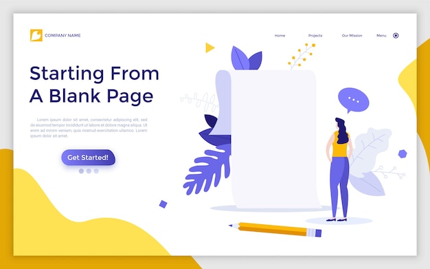 Vector landing page template with woman standing in front of empty paper sheet concept of fear of blank page writers block beginning start of new business porject flat vector illustration for webpage