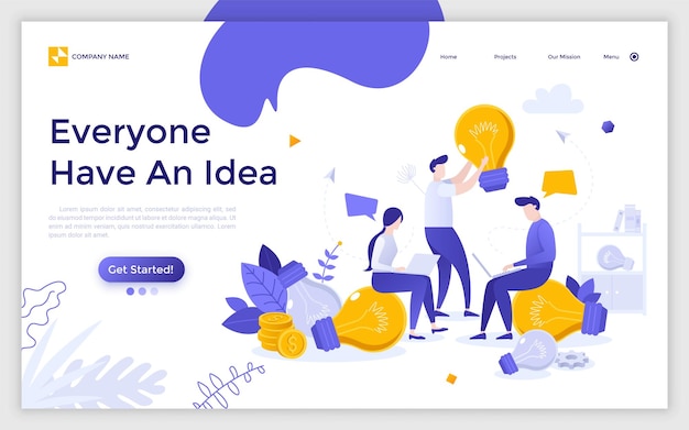 Landing page with group of employees with laptops working on startup project and giant lightbulbs Concept of teamwork innovative business idea brainstorming Flat vector illustration for website