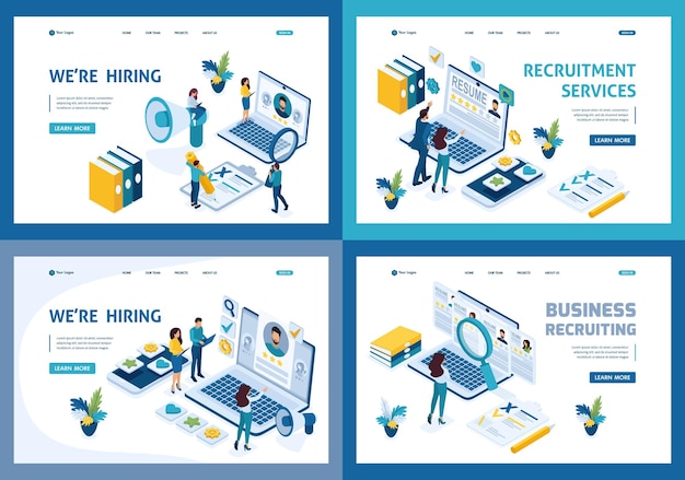 Vector landing pages of the isometric recruiting business concept hiring employees in a company hr manager