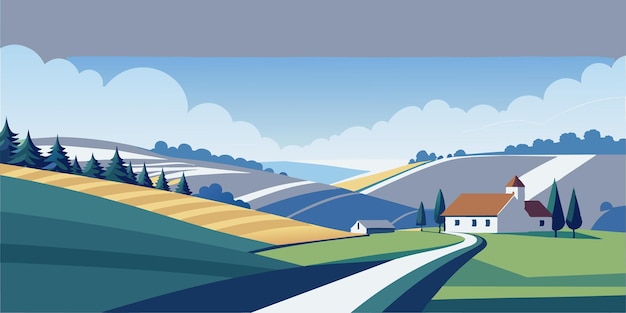 Vector landscape art seasonal hills and grass field with farm background