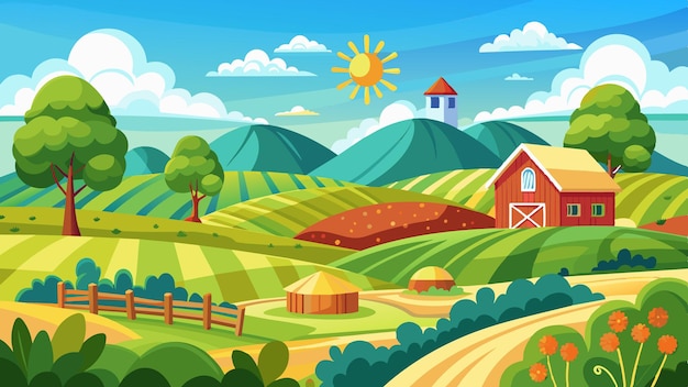 Vector landscape art seasonal hills and grass field with farm background