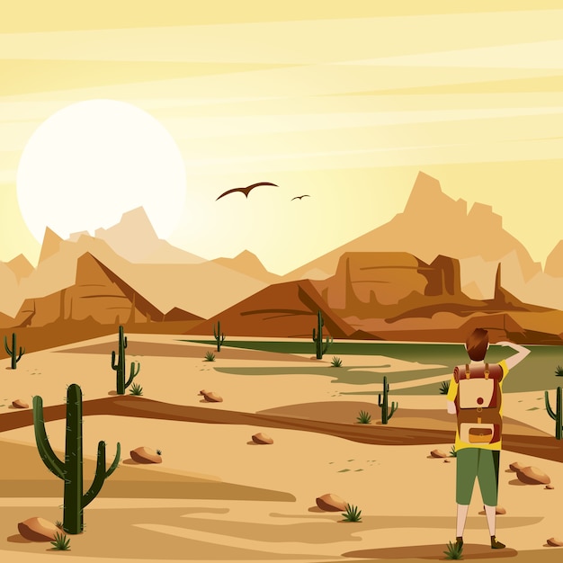 Landscape background desert with traveler, cacti, mountains and birds  illustration.