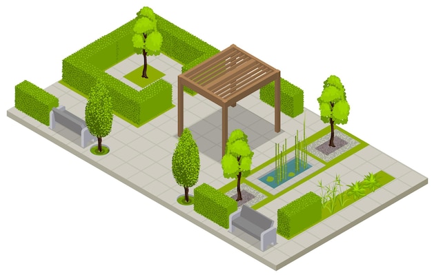 Landscape isometric composition with view of public park place with green fence trees and terrace