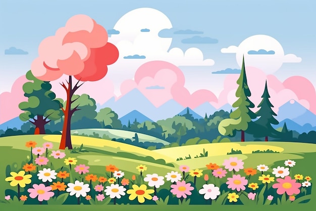 Vector landscape with blooming flowers and green trees